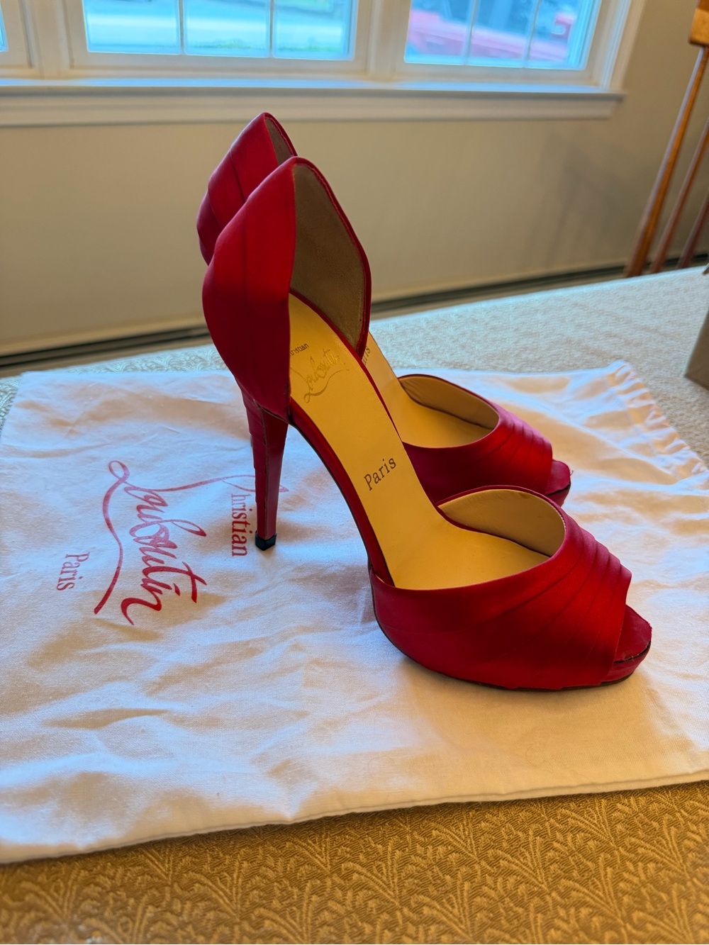 Christian Louboutin Armadillo D’Orsay Pump Red Satin Peep Toe Platform 36 1/2
